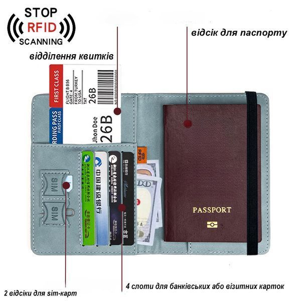 Сіра обкладинка на паспорт з RFID-захистом &mdash; екошкіра, відсіки для карток і грошей. Чохол для документів 9385-1173083 9385 фото